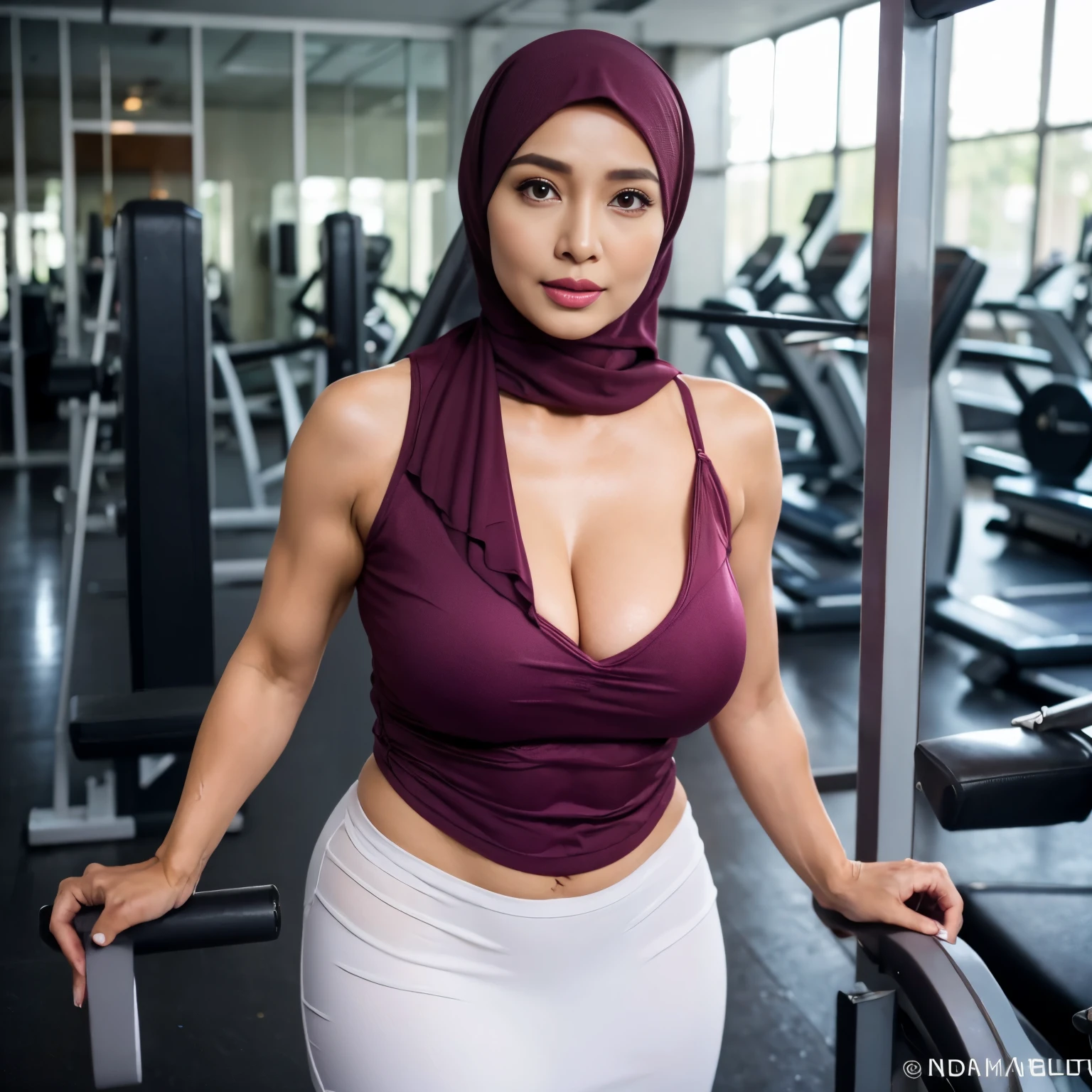 1woman, 52 years Old, ((Sugar Mama)), ((Beauty Hijab Indonesian Mature woman)), ((Sensual Violet lips)), wet Oily Tanlined  through, Droopiest Massive Large Tits, 196 Inches Tits, Tank Top, Fitness Pants, ((Nailing Polish)), Face full of Make up, Full body, Realistic Detailed Perfect abs, at Gym, Dark light, at Day time, Standing.