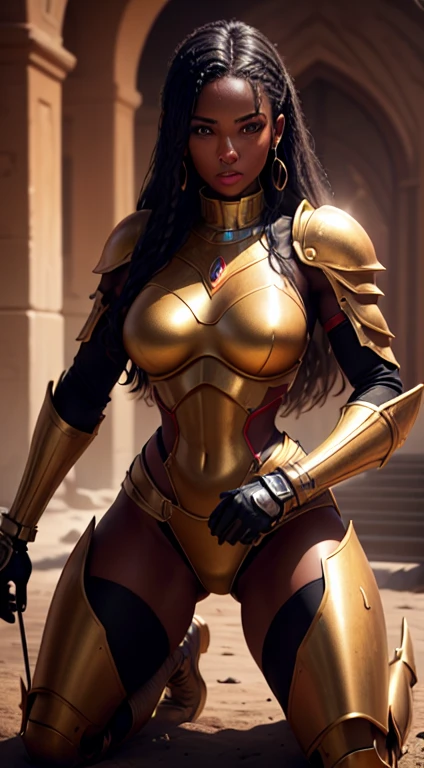 Ultra realistic, high resolution, ultra 8K, black woman, 30 years old, sweaty skin, athletic body with golden armor and red color, steel clothes of King, a cybernetic knight King, Ultra resolution, Desert castle throne, kneeling.