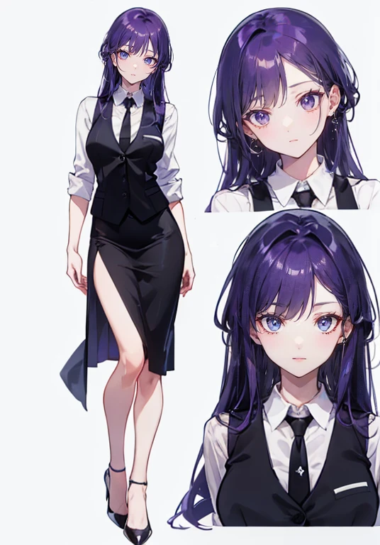 ((Perfect Face)),Purple Hair,voluminous long hair,1 female,bartender,suit,Black vest,Shirt with rolled up sleeves,tie,slit,High heels,,((Simple Background)),smile,((whole body)),((whole body)),Portraiture,virtual,upright,,Both arms are down,Standing upright with face and body facing forward,