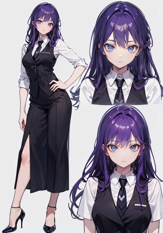 ((Perfect Face)),Purple Hair,voluminous long hair,1 female,bartender,suit,Black vest,Shirt with rolled up sleeves,tie,slit,High heels,,((Simple Background)),smile,((whole body)),((whole body)),Portraiture,virtual,upright,,Both arms are down,Standing upright with face and body facing forward,