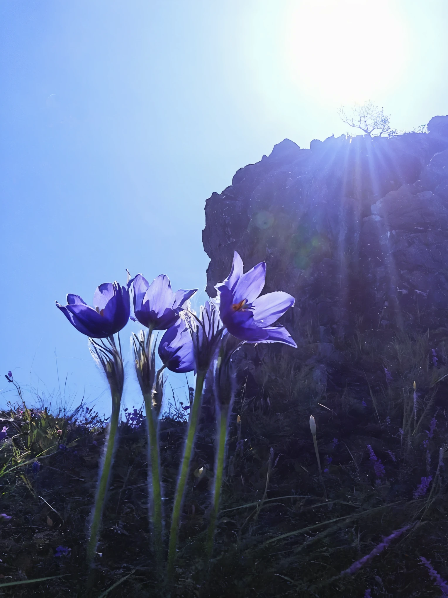 realistic, spring flowers blue, dream grass, aerial photography, sky, mountain, landscape, warm piercing light