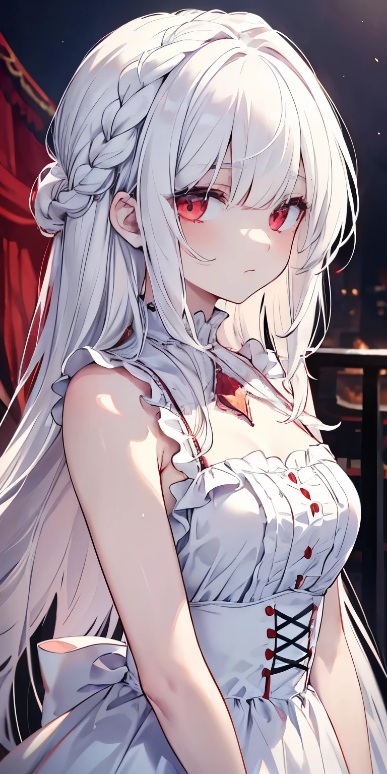 (limited palette), Best quality, (((Masterpiece))), (((Beautiful detailed hair))), (((beautiful detailed skin))), Solo, , Younger, , (((White hair))), Red eyes, (mascara), Blunt bangs, ((Hair over eyes)), Long hair, Medium breasts, Frilled white dress, White frills, Too much decoration, Rose, Noble, setia, The bride hair, (((Eye focus))), (((Expressionless))), The background is blurred out, Empty eyes, Blank eyes, (Red theme), bedroom background, view the viewer, (((hair tucking))), (((Night))), Semi-closed Eyes, Close-up, (((hair adornments))), Upright body, Neatly cut bangs, Braided hair at the back of your head, Sleeveless dress,