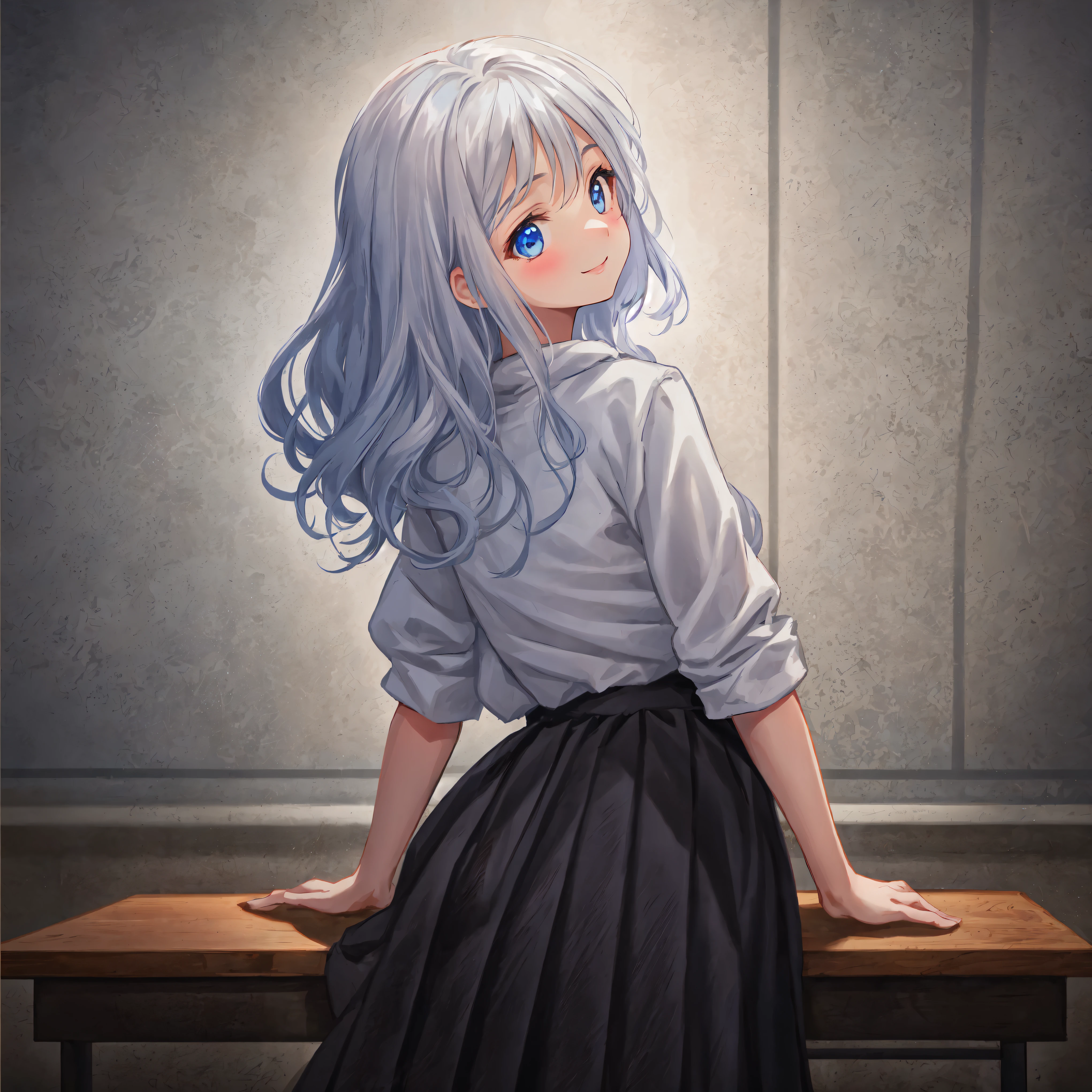 Beautiful illustrations,Looking away,highest quality, smile,pretty girl,brush,Leaning forward,Black pleated skirt,classroom,High-quality backgrounds,Slanted Eyes,From Behind,medium short wavy silver hair1;4,{{Beautiful large and medium sized breasts 1:4}},Black cardigan,Red ribbon,Detailed shirt chest wrinkles,{{{high school girl}}},BREAK,{{beautiful blue eye1:4}},BREAK,Five fingers,smile
