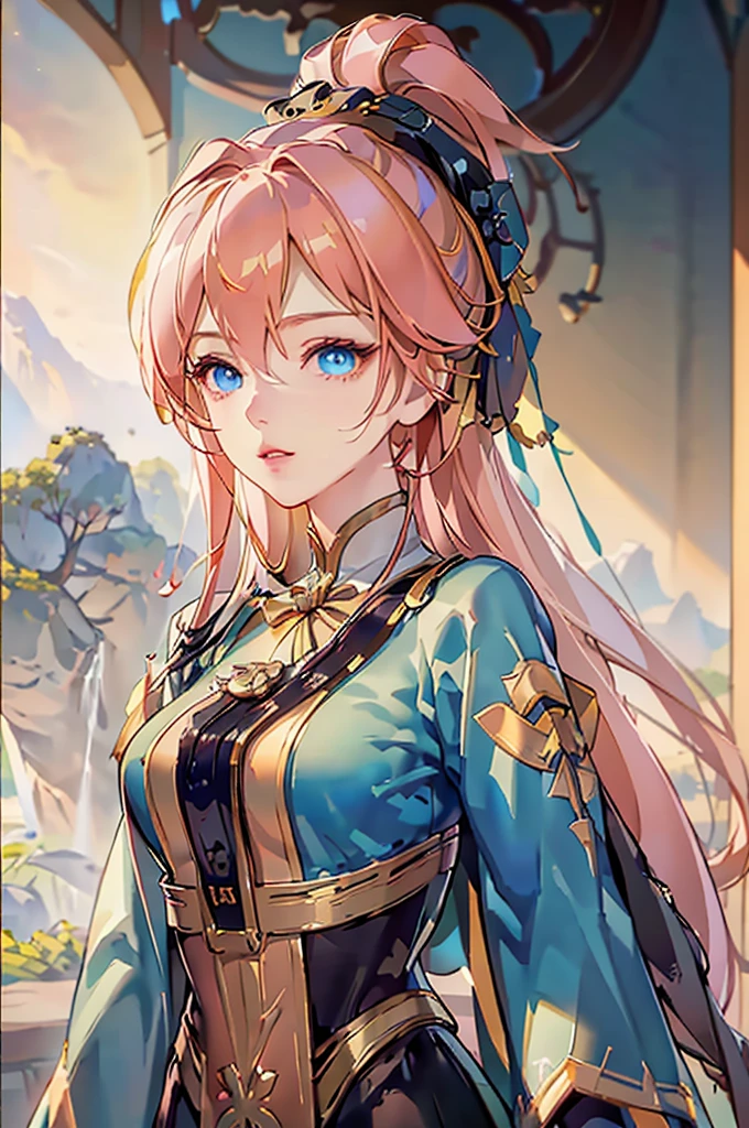 masterpiece, best quality, (detailed eyes and skin), ((realistic)), jixiaoman, 1girl, pink_hair, yellow_clothes, black_clothes, blue_eyes, blurry, blurry_background, blurry_foreground, depth_of_field, lips, looking_at_viewer, solo, upper_body, hands_behind_head