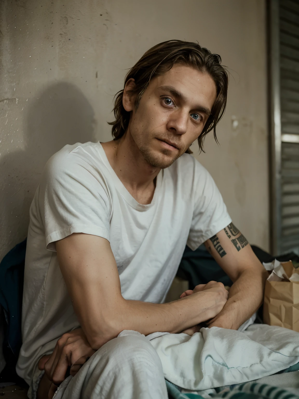 Full body photography. homeless homeless man and drug addict BEGGAR young white man of 25 years old green eyes looks in front of the camera with very sad expression and a tear and with dimples. He is extremely thin, malnutrido, huesos. Tiene ojeras de no dormir. No lleva ropa. Fondo blanco