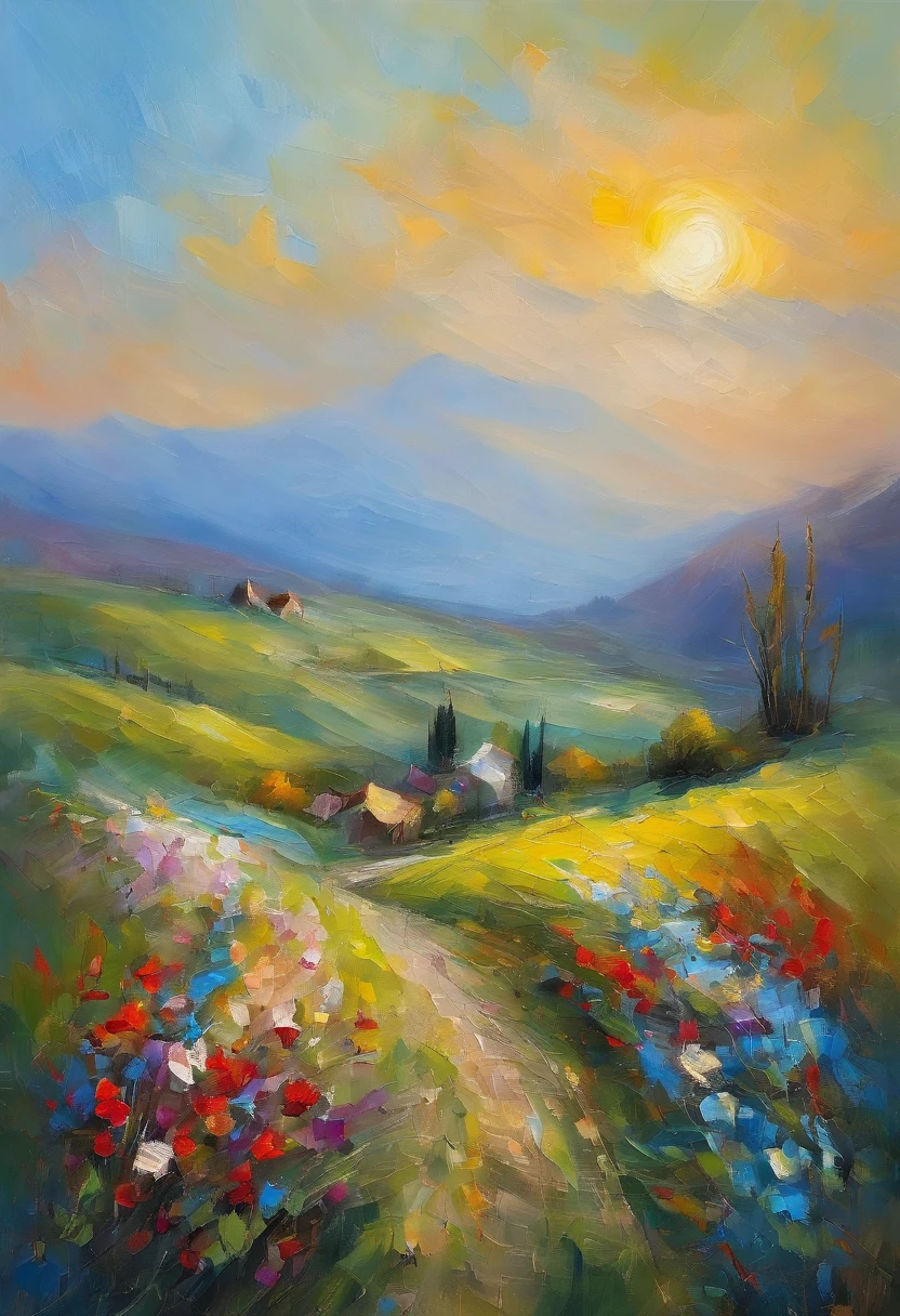masterpiece、top quality、morning、walk。realistic, spring flowers blue, dream grass, aerial photography, sky, mountain, landscape, warm piercing light
 、walk、landscapeи