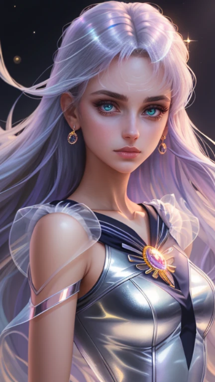 Tabletop, beautiful girl , Sailor Moon Style , Laser Clear PVC Texture Translucent Clothes , Prisma , Melancholic expression, Beautiful Eyes , shine , jewelry , Portraiture , Game original painting , anime character concept design , Beautiful Face , sacred, long transparent iridescent GB hair, Transparent iridescent reflection of her hair, Very detailed, Gorgeous Holy Girl, beautiful light on black background