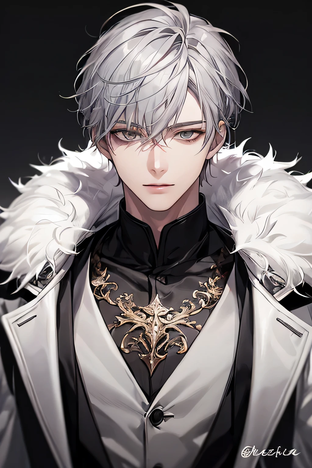 (Tabletop), (highest quality), Very detailed, 1 boy, Focus Only,Perfect Face, Beautiful Face, Very detailed顔,(Gray Hair:1.3),Yuki,your,White Breath,Fur coat,Life-size,Full body painting,Background white、
