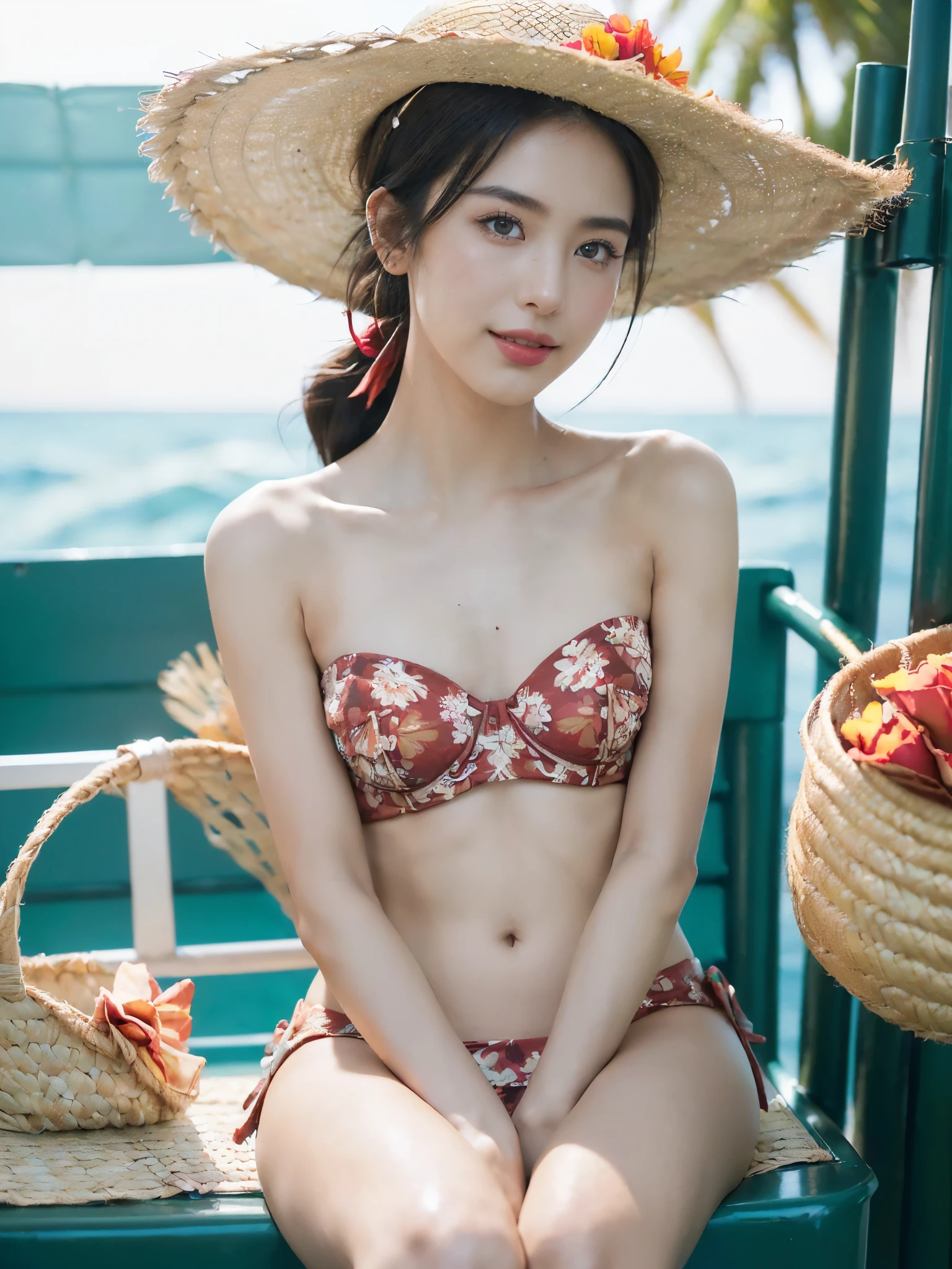 (Extremely meticulous CG),(((8k))),wallpaper,(ID photo:1.3),(Portrait above the chest:1.5),((Extremely refined and beautiful)),(((Masterpiece))),(((best qualtiy))),(((Ultra High Resolution))),beautiful light up,realistic shaded,(Smooth and flawless skin:1.5),Extremely exquisite facial details,(ultra-detailed:1.5),((a beautiful girl,solo)),(straw hat:1.3),(short ponytail:1.2),(small head:1.2),(slender face:1.2),(Exquisite makeup:1.3),(happy:1.2),(laughing:1.2),(perfect body:1.1),(sun-tanned skin:1.5),(dark brown skin:1.5),(blush:1.3),(strapless red floral bra:1.5),((slim,thin)),(from front:1.3),(sitting:1.3),(on a Small fishing boat :1.3),(The basket is filled with fish:1.2),(at sea:1.5),(on the sea:1.5),(outdoor:1.2),(early spring:1.3),(day scene:1.5),(Bright afternoon sunshine:1.3),(close-up of face:1.3)