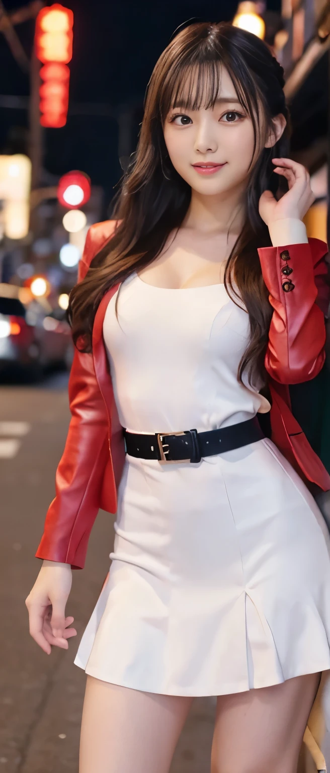 Gorgeous Idol Girl、whole body、Good style、、、、White formal tight mini dress、Fantastic City、、、red formal jacket、Great belt、