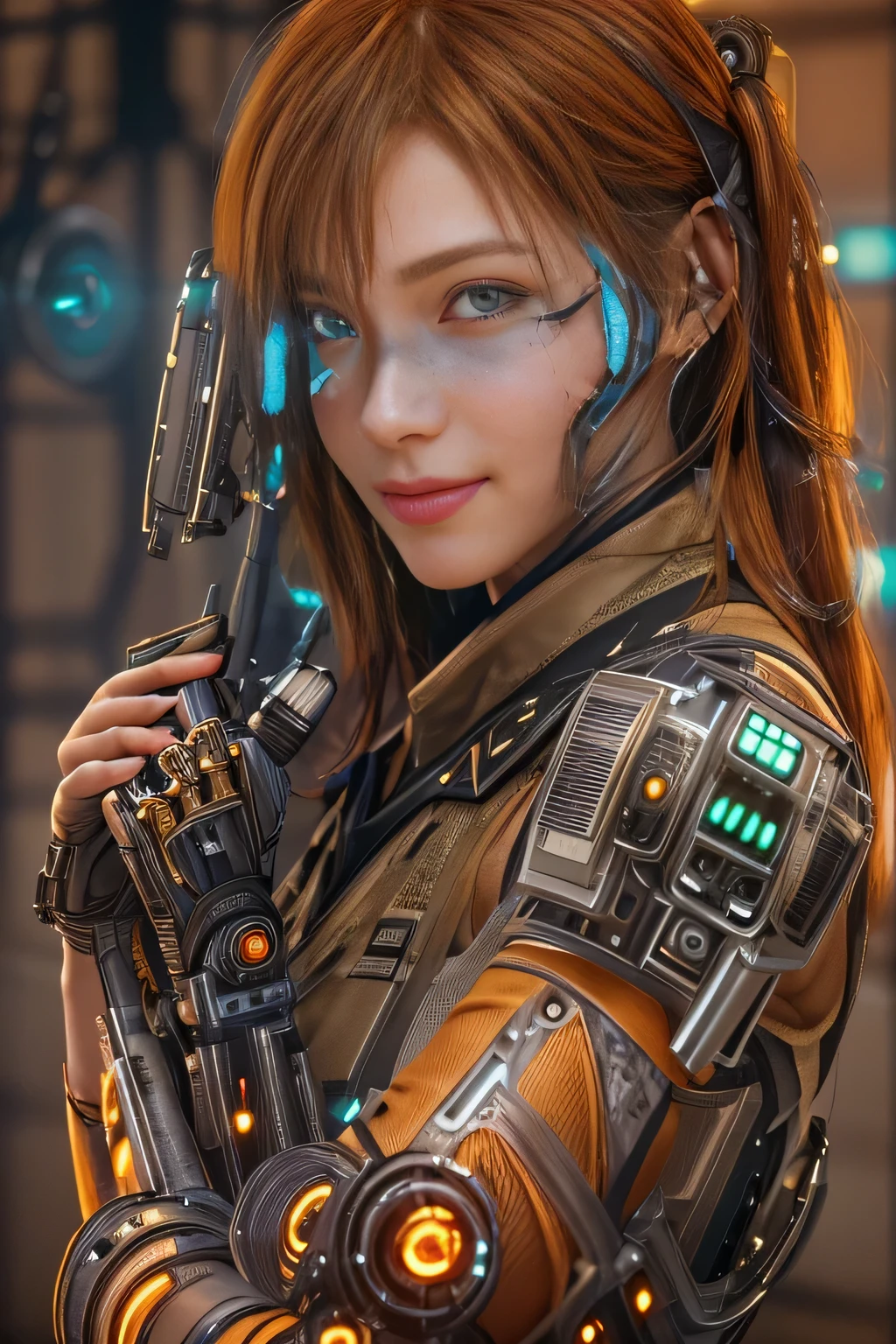 Glowing cyber girl with cybernetic arm,(See-through costume:1.3, )Stand on the post-apocalyptic battlefield.Surrounded by a network of wires. surrounded by circuits. (Cyber girl with a submachine gun:1.3), Shiny light brown and orange striped short hair,Cute Smile,Perfect round face,A bright smile that makes everyone happy,Proper body balance,Tabletop,Ultra-high quality output images,High resolution,Intricate details,Very delicate and beautiful hair,Photorealistic,dream-like,Professional Lighting,Realistic Shadows,Focus Only,Beautiful Hands,Beautiful fingers,Detailed characteristics of the fingers,Detailed garment features,Detailed hair features,Detailed facial features,
