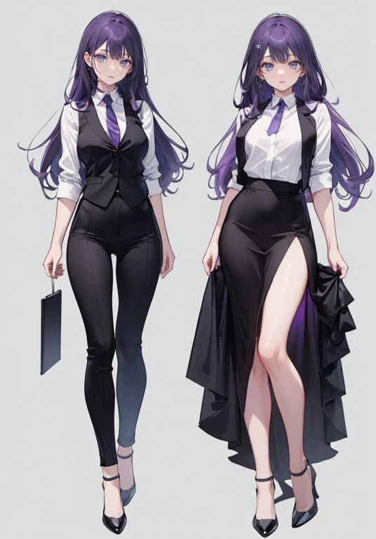((Perfect Face)),Purple Hair,voluminous long hair,1 female,bartender,suit,Black vest,Shirt with rolled up sleeves,tie,slit,High heels,,((Simple Background)),smile,((Full Body)),((full body)),Portraits,virtual,upright,,Both arms are down,Standing upright with face and body facing forward,