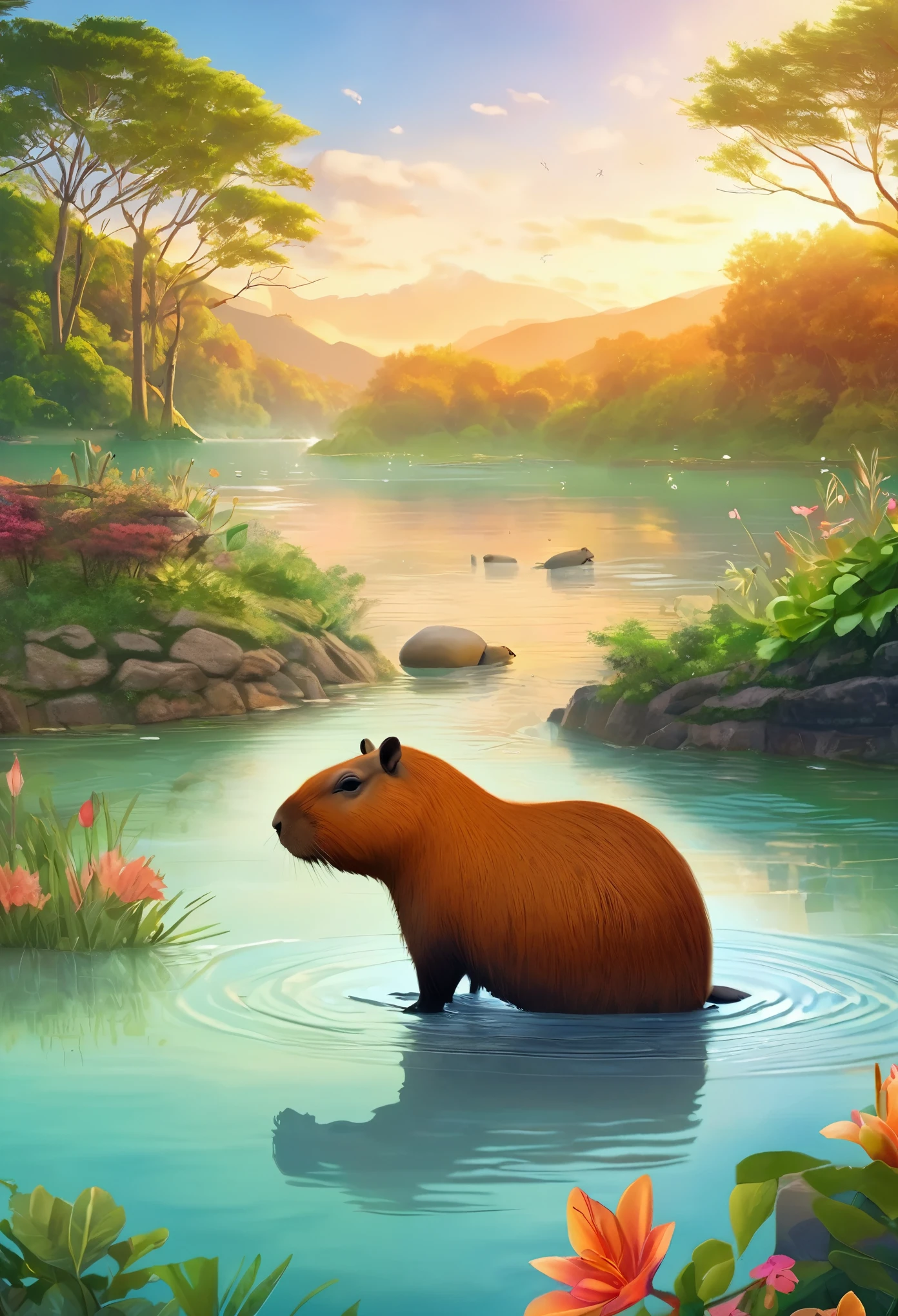 ((Hot springs with capybaras))、One Capybara:1.2、Cozy atmosphere、Rising steam、Lush vegetation、Relaxing bath、Calm colors、Ripples on a calm water surface、Calm atmosphere tranquility、A faint mist in the air、A sense of harmony and serenity、A delightful encounter with nature、A relaxing experience、A moment of blissful escape。 (highest quality、4k、8k、High resolution、masterpiece: 1.2)、Super detailed、(Real、Photorealistic、Photorealistic: 1.37)、HDR、UHD、Studio Lighting、Bright colors、Bokeh。
