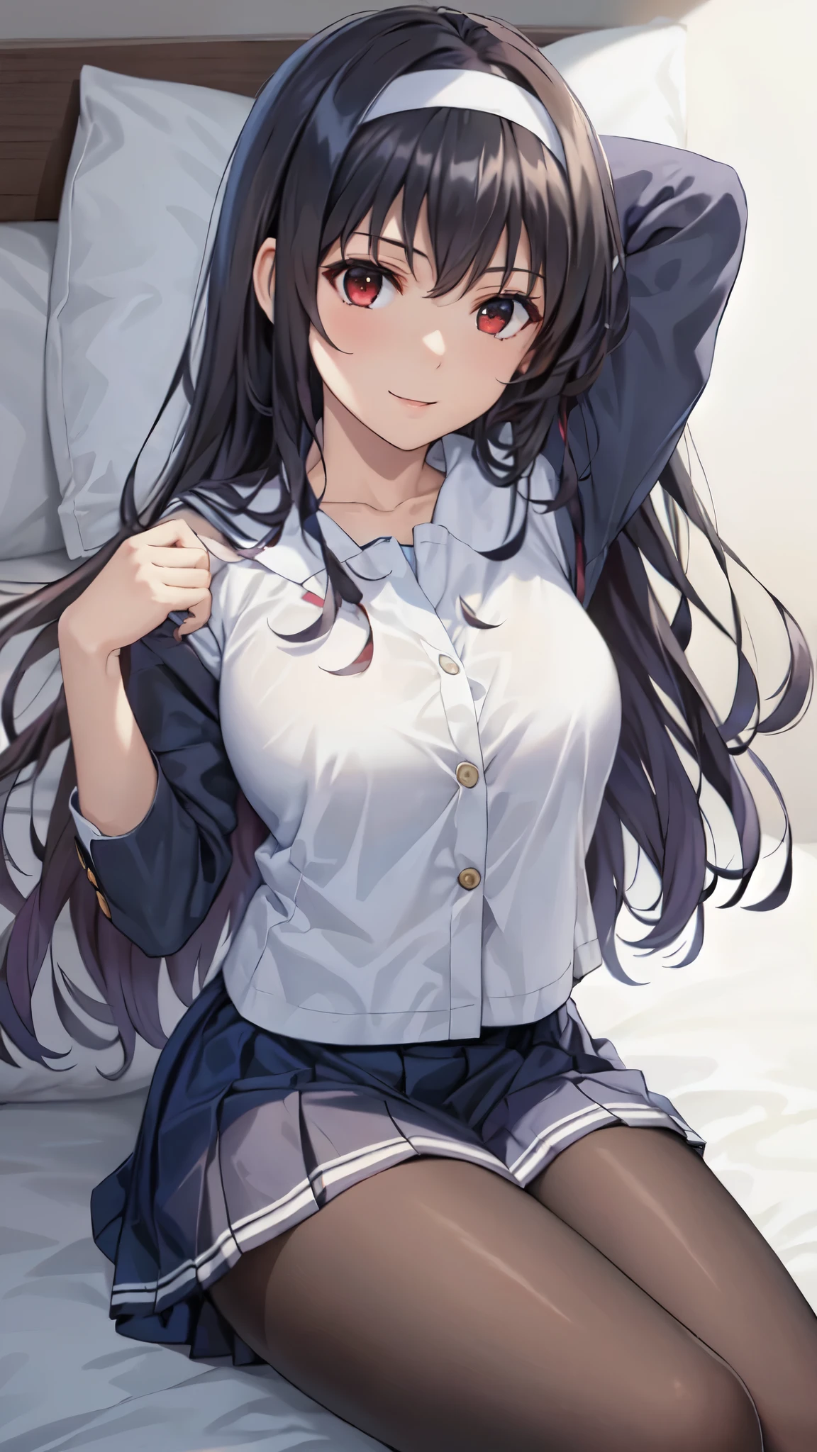 masterpiece, highest quality, One girl, lying, hands up,anime,Aesthetic Anime Eyes,26 years old,Smile,alone, Long Hair, (Black Pantyhose), (Black Hair), Long Straight Hair,Red eyes,(Pleated skirt), large breasts,White hair band,White shirt, bangs,Bedroom,bed,arms behind back,White pillow,