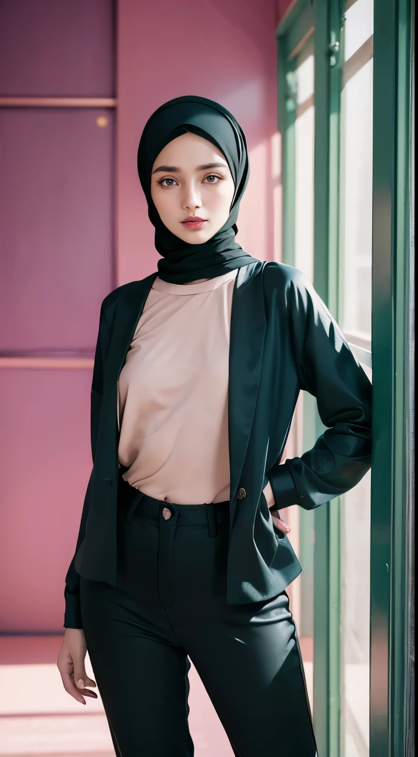 (1girl), solo, malay-girl, ((mira filzah face)) wearing hijab, wearing(green-formal_suit, jewelry), photo(medium-shot), portrait, sitting-poses, pov, blurry_background, background(futuristic-metro_station), (photorealistic, absurdres, best_quality:1.55),