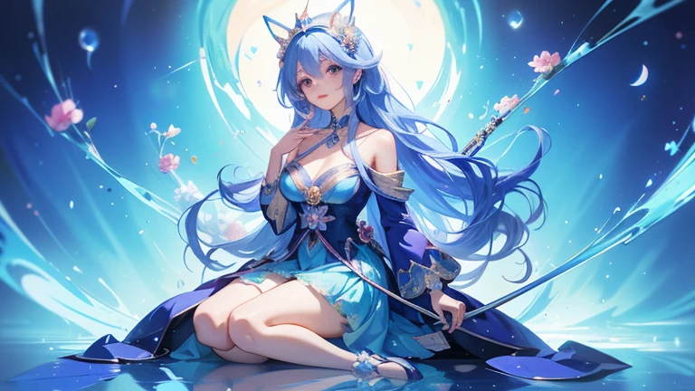 Anime girl in a blue dress holding a cane and flowers, Cute anime waifu in a nice dress, change in dress, Magical Girl Portrait, Anime Moe Art Style, change, Full-body portrait of an elementalist, Anime Goddess, Run, Splash art anime , Alchemist Girl, Anime Princess, magical girl style, Official Art,Cleavage
