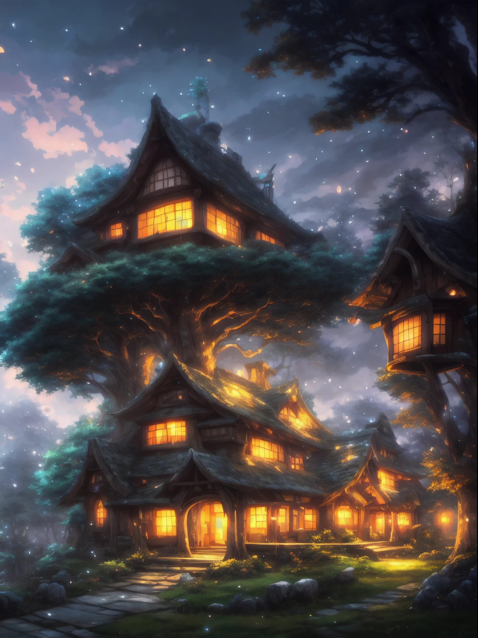 Anime Scenery of a house in the middle of a forest, Digital art inspired by Andreas Rocha, Pixiv, Fantasy art, Anime Background art, night village backgrounds, Anime Background, Anime countryside landscape, anime landscape wallpapers, Anime Scenery, beautiful Anime Scenery, Night view, Awesome Wallpapers, Highly Detailed 4K HD Wallpapers, Beautiful anime scene, anime nature wallpapers