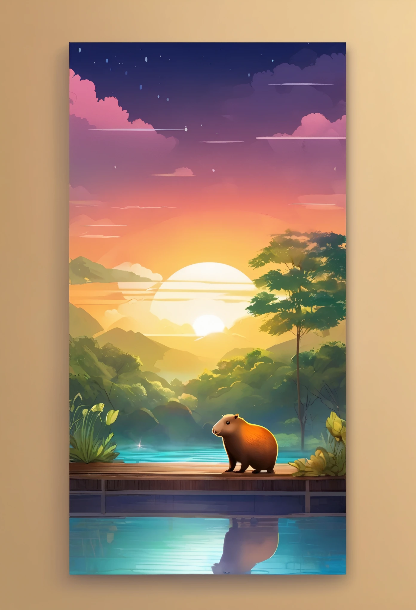 ((Hot springs with capybaras))、One Capybara:1.2、Cozy atmosphere、Rising steam、Lush vegetation、Relaxing bath、Calm colors、Ripples on a calm water surface、Calm atmosphere tranquility、A faint mist in the air、A sense of harmony and serenity、A delightful encounter with nature、A relaxing experience、A moment of blissful escape。 (highest quality、4k、8k、High resolution、masterpiece: 1.2)、Super detailed、(Real、Photorealistic、Photorealistic: 1.37)、HDR、UHD、Studio Lighting、Bright colors、Bokeh。