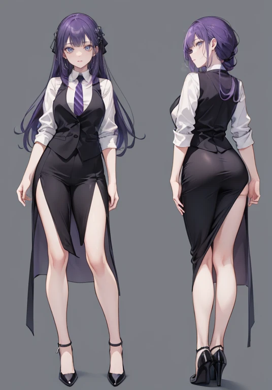 ((Perfect Face)),Purple Hair,voluminous long hair,1 female,bartender,suit,Black vest,Shirt with rolled up sleeves,tie,slit,High heels,,((Simple Background)),smile,((Full Body)),((full body)),Portraits,virtual,upright,,Both arms are down,Standing upright with face and body facing forward,