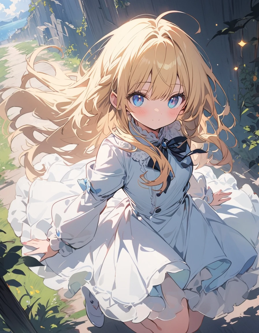 (非常にdetailedな 、 8k wallpaper,masterpiece, highest quality, 非常にdetailedな),(Best lighting, Best Shadow, Very delicate and beautiful),floating,High saturation,Blonde+blue eyes:1.2,Gloomy Gothic Landscape, Long Hair, Gazing into the distance. (長いブロンドの髪と輝くblue eyesのゴシック照明を持つ美しい女の子)、Gothic ta Clothing、(highest quality、masterpiece、High resolution、detailed)、animeスタイル、Flat Style、(Shining Eyes、detailed美しい顔), BREAK,extremely detailed、Dynamic Angle、anime、fullbody