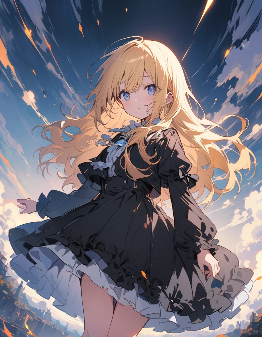 (非常にdetailedな 、 8k wallpaper,masterpiece, highest quality, 非常にdetailedな),(Best lighting, Best Shadow, Very delicate and beautiful),floating,High saturation,Blonde+blue eyes:1.2,Gloomy Gothic Landscape, Long Hair, Gazing into the distance. (長いブロンドの髪と輝くblue eyesのゴシック照明を持つ美しい女の子)、Gothic Lolita Clothing、(highest quality、masterpiece、High resolution、detailed)、animeスタイル、Flat Style、(Shining Eyes、detailed美しい顔),  BREAK,extremely detailed、Dynamic Angle、anime、fullbody