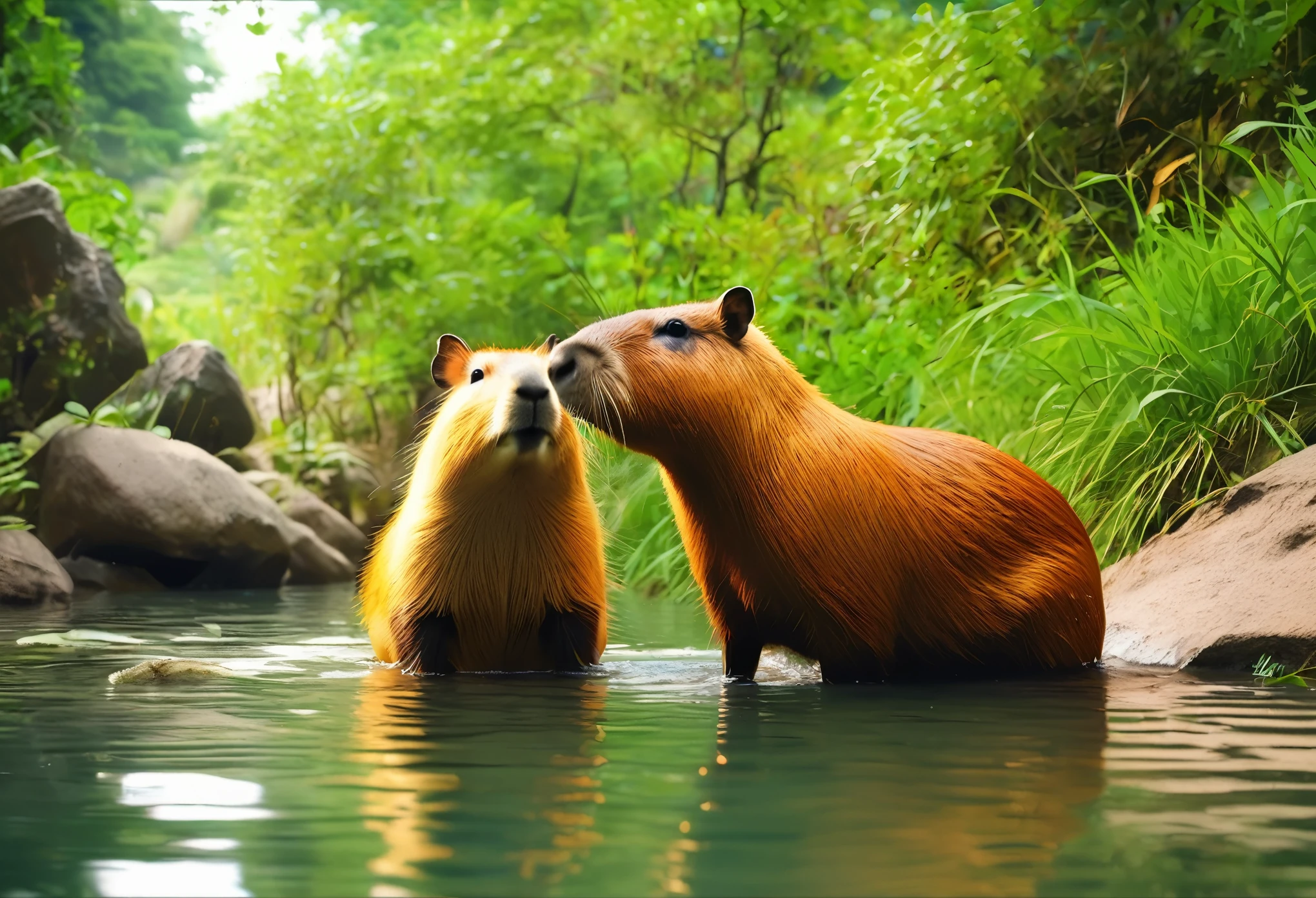 ((Hot springs with capybaras))、One Capybara:1.2、Cozy atmosphere、Rising steam、Lush vegetation、Relaxing bath、Calm colors、Ripples on a calm water surface、Calm atmosphere tranquility、A faint mist in the air、A sense of harmony and serenity、A delightful encounter with nature、A relaxing experience、A moment of blissful escape。 (highest quality、4k、8k、High resolution、masterpiece: 1.2)、Super detailed、(Real、Photorealistic、Photorealistic: 1.37)、HDR、UHD、Studio Lighting、Bright colors、Bokeh。