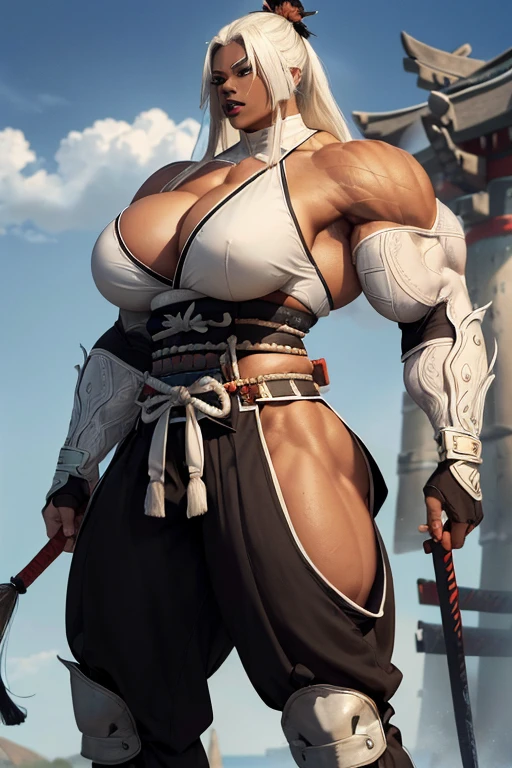 ((((Massive tall, beautiful, buff, brown skinned muscular woman with white hair, black lipstick, ginormous bulky muscles and glad in samurai white armor with pants)))), close view, massive muscle, massive biceps, hyper muscle shoulders, massive shoulders, hyper muscle triceps, (long straight hair), blue eyes, (samurai boots), confident smile, ((in a battlefield)), evening, hyper vascular arm, hyper muscles arms, hyper muscle legs, massive arms.