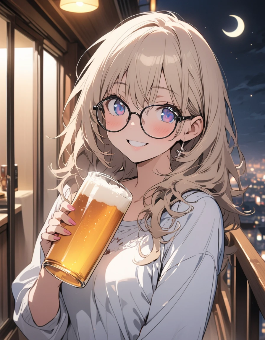 (masterpiece), best quality, expressive eyes, perfect face, At night, under the city lights,
on a balcony of an apartment,
a woman drinks beer, smiling,
wearing glasses, under the moon and stars,
feeling the night breeze.(highest quality、masterpiece、High resolution、detailed)、animeスタイル、Flat Style、(Beautiful Eyes, Delicate and beautiful face), BREAK,Dynamic Angle、anime