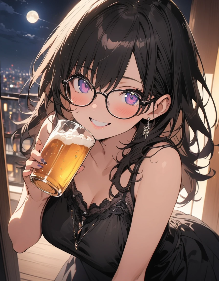 (masterpiece), best quality, expressive eyes, perfect face, At night, under the city lights,
on a balcony of an apartment,
a woman drinks beer, smiling,
wearing glasses, under the moon and stars,
feeling the night breeze.(highest quality、masterpiece、High resolution、detailed)、animeスタイル、Flat Style、(Beautiful Eyes, Delicate and beautiful face), BREAK,Dynamic Angle、anime
