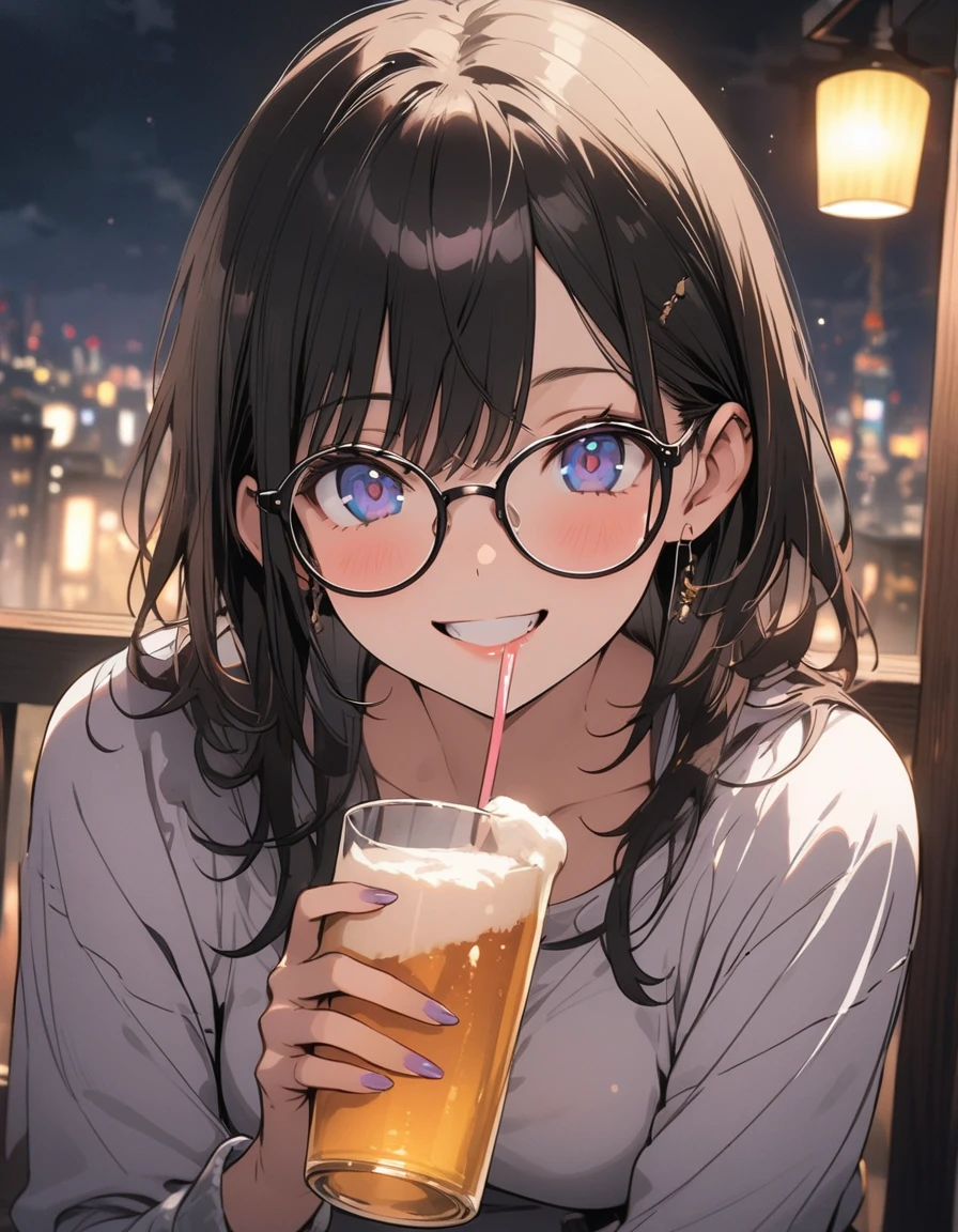 (masterpiece), best quality, expressive eyes, perfect face, At night, under the city lights,
on a balcony of an apartment,
a woman drinks beer, smiling,
wearing glasses, under the moon and stars,
feeling the night breeze.(highest quality、masterpiece、High resolution、detailed)、animeスタイル、Flat Style、(Beautiful Eyes, Delicate and beautiful face),  BREAK,Dynamic Angle、anime