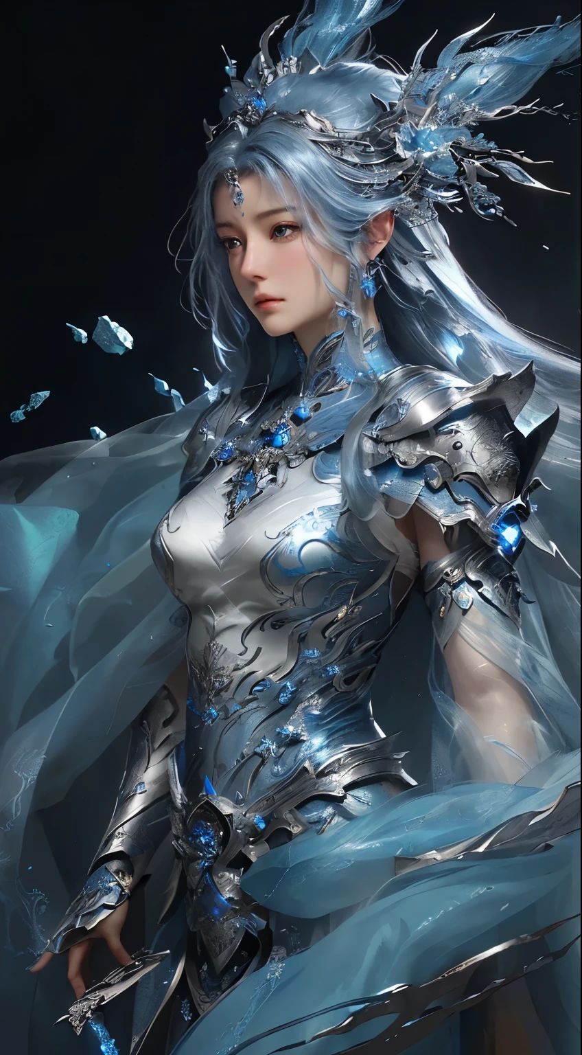 a close up of a woman in a silver and blue dress, chengwei pan on artstation, by Yang J, detailed fantasy art, stunning character art, fanart best artstation, epic exquisite character art, beautiful armor, extremely detailed artgerm, detailed digital anime art, artgerm on artstation pixiv, armor girl