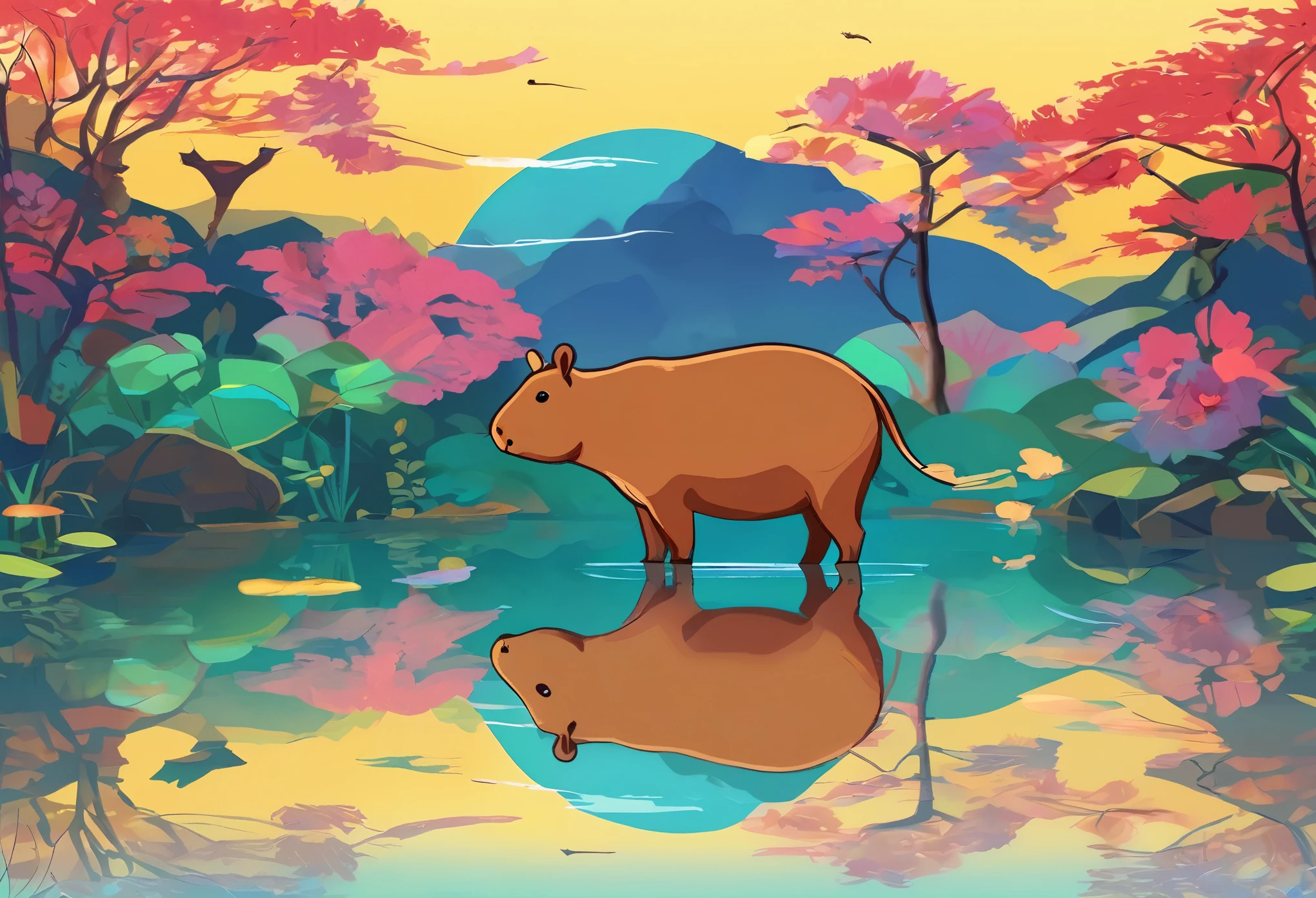 ((Hot springs with capybaras))、One Capybara:1.2、Cozy atmosphere、Rising steam、Lush vegetation、Relaxing bath、Calm colors、Ripples on a calm water surface、Calm atmosphere tranquility、A faint mist in the air、A sense of harmony and serenity、A delightful encounter with nature、A relaxing experience、A moment of blissful escape。 (highest quality、4k、8k、High resolution、masterpiece: 1.2)、Super detailed、(Real、Photorealistic、Photorealistic: 1.37)、HDR、UHD、Studio Lighting、Bright colors、Bokeh。