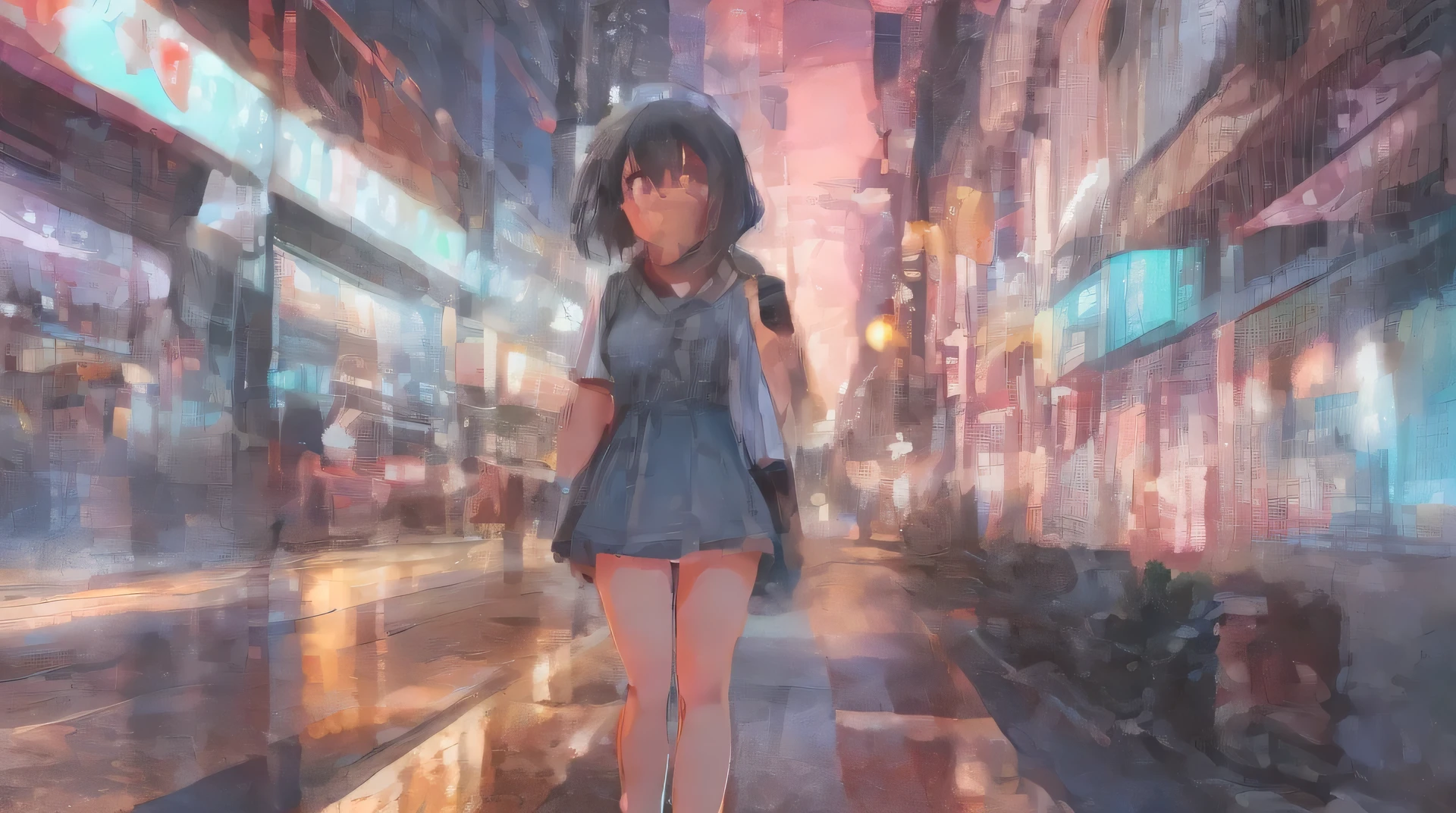 A girl walking into the road of the city, neon effects, upscale, 8k, 3d