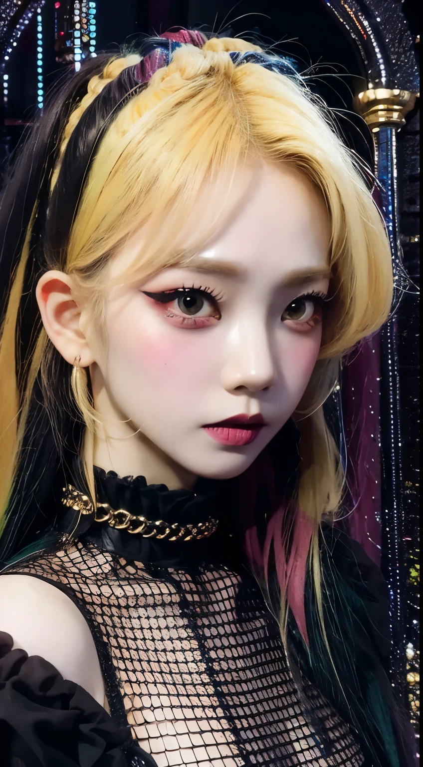(best quality,8K,masterpiece :1.2), Karina, goth style, heavy makeup, black lips, Deep dark red eyeliner, dark background, night, Inside the closed church, yellow hair