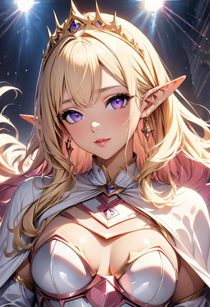 masterpiece、highest quality、Ultra-high resolution、Maximum resolution、Very detailed、Professional Lighting、anime、Adult women、thin、so beautiful、Beautiful face、dress、((Pink and white armor))、Shiny Armor、White decoration、Gorgeous tiara、Golden earrings、Blonde、purple eyes、Pink Lips、Elf Ears、White cloak、