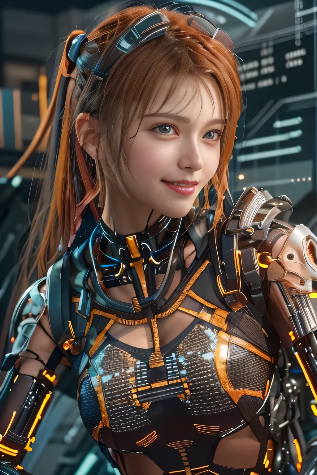 Glowing cyber girl with cybernetic arm,(See-through costume:1.3, )Stand on the post-apocalyptic battlefield.Surrounded by a network of wires. surrounded by circuits. (Cyber girl with a submachine gun:1.3), Shiny light brown and orange striped short hair,Cute Smile,Perfect round face,A bright smile that makes everyone happy,Proper body balance,Tabletop,Ultra-high quality output images,High resolution,Intricate details,Very delicate and beautiful hair,Photorealistic,dream-like,Professional Lighting,Realistic Shadows,Focus Only,Beautiful Hands,Beautiful fingers,Detailed characteristics of the fingers,Detailed garment features,Detailed hair features,Detailed facial features,