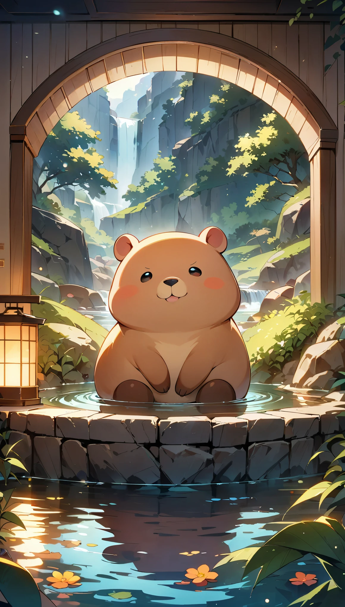 ((Hot springs with capybaras))、1 capybara:1.2、Cozy atmosphere、Rising steam、Lush vegetation、Relaxing bath、Calm colors、Ripples on a calm water surface、Calm atmosphere tranquility、A faint mist in the air、A sense of harmony and serenity、A delightful encounter with nature、A relaxing experience、A moment of blissful escape。 (highest quality、4k、8k、High resolution、masterpiece: 1.2)、Super detailed、(Chibi: 1.37)、Bright colors、Bokeh。