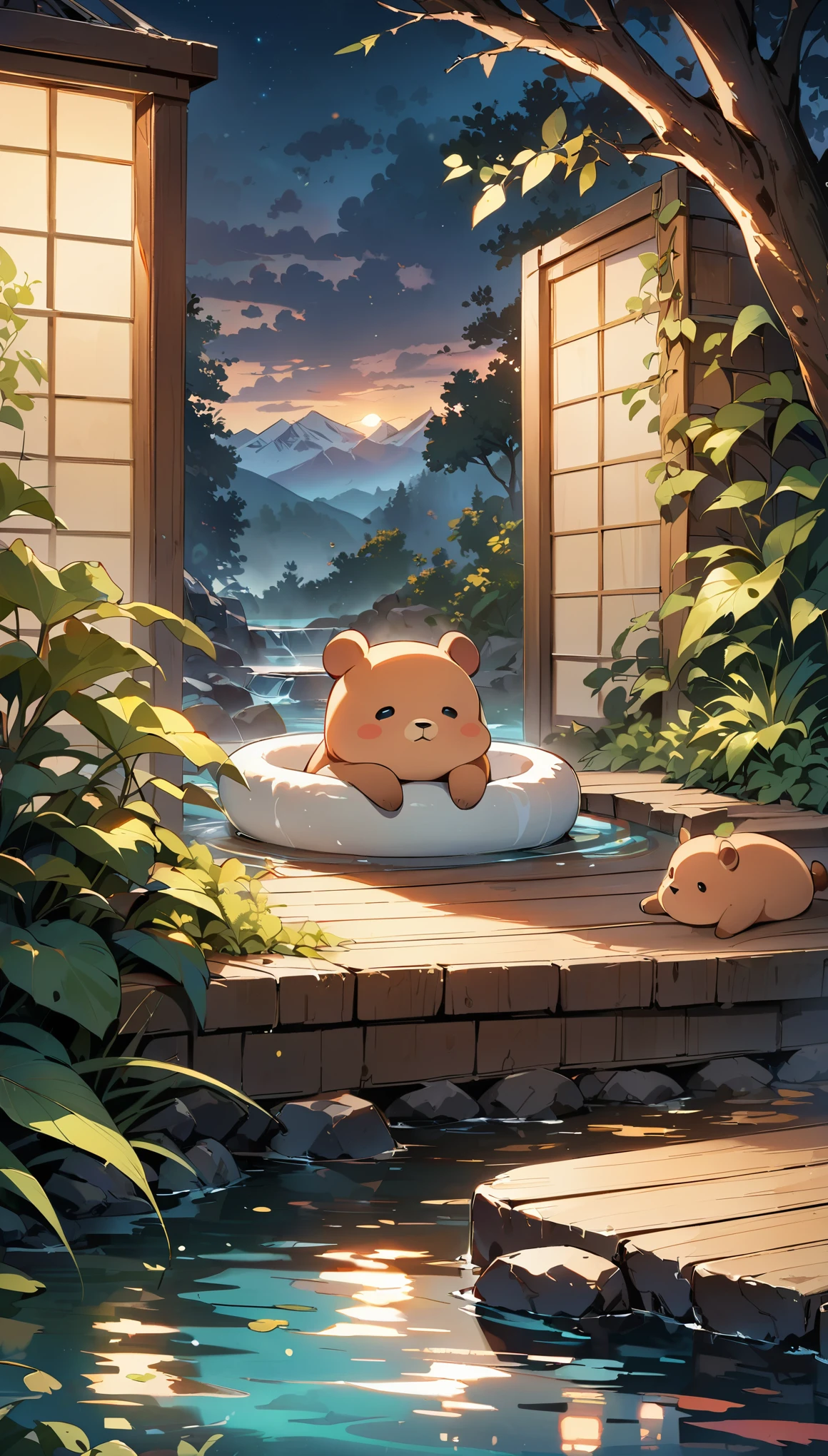 ((Hot springs with capybaras))、1 capybara:1.2、Cozy atmosphere、Rising steam、Lush vegetation、Relaxing bath、Calm colors、Ripples on a calm water surface、Calm atmosphere tranquility、A faint mist in the air、A sense of harmony and serenity、A delightful encounter with nature、A relaxing experience、A moment of blissful escape。 (highest quality、4k、8k、High resolution、masterpiece: 1.2)、Super detailed、(Chibi: 1.37)、Bright colors、Bokeh。