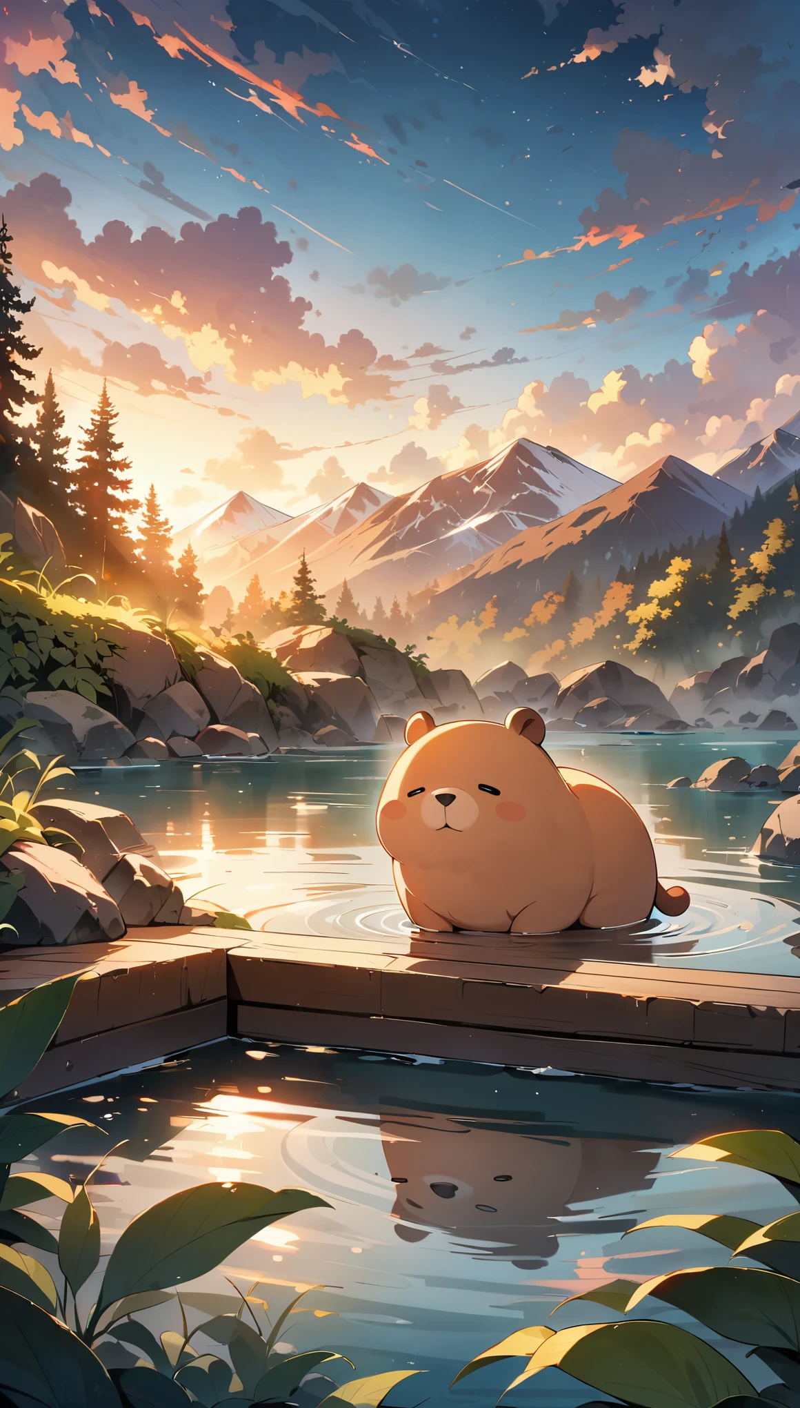 ((Hot springs with capybaras))、1 capybara:1.2、Cozy atmosphere、Rising steam、Lush vegetation、Relaxing bath、Calm colors、Ripples on a calm water surface、Calm atmosphere tranquility、A faint mist in the air、A sense of harmony and serenity、A delightful encounter with nature、A relaxing experience、A moment of blissful escape。 (highest quality、4k、8k、High resolution、masterpiece: 1.2)、Super detailed、(Chibi: 1.37)、Bright colors、Bokeh。