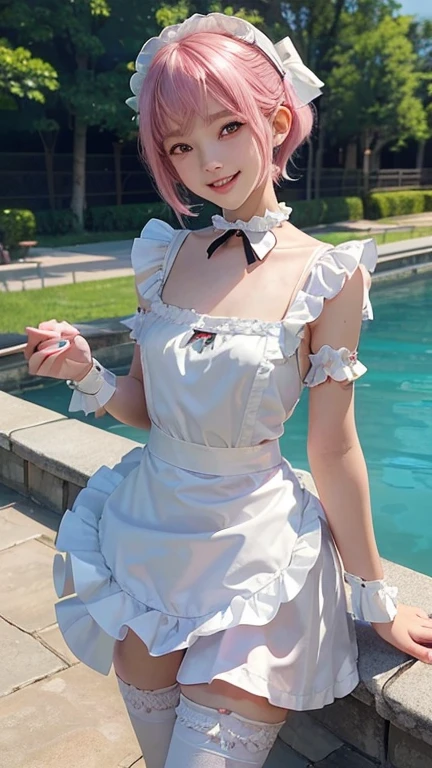 (masterpiece, highest quality, highest quality, Official Art, Beautiful pink hair、Short Bob Hair、Flower Hair Ornamentilky skin、Fishing eyes、Pointy Ears、girl、15 years old、smile、目眩のするsmile、smile showing teeth、Thin arms、Small breasts、Slender upper body、Narrow waist、Small hips、Thin thighs、Slim lower body、Put something on your head、Poolside、Cowboy Shot、Full Body Shot、Dancing、、White blouse、Black Ribbon、Frilled Skirt、Puff sleeves、collar、choker、white apron with small frills:1.3)、White knee-high socks、Black maid outfit、