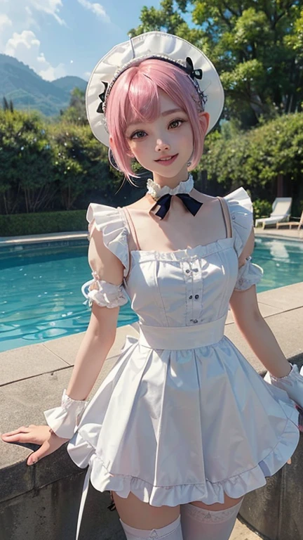 (masterpiece, highest quality, highest quality, Official Art, Beautiful pink hair、Short Bob Hair、Flower Hair Ornamentilky skin、Fishing eyes、Pointy Ears、girl、15 years old、smile、目眩のするsmile、smile showing teeth、Thin arms、Small breasts、Slender upper body、Narrow waist、Small hips、Thin thighs、Slim lower body、Put something on your head、Poolside、Cowboy Shot、Full Body Shot、Dancing、、White blouse、Black Ribbon、Frilled Skirt、Puff sleeves、collar、choker、white apron with small frills：1.3)、White knee-high socks、Black maid outfit、