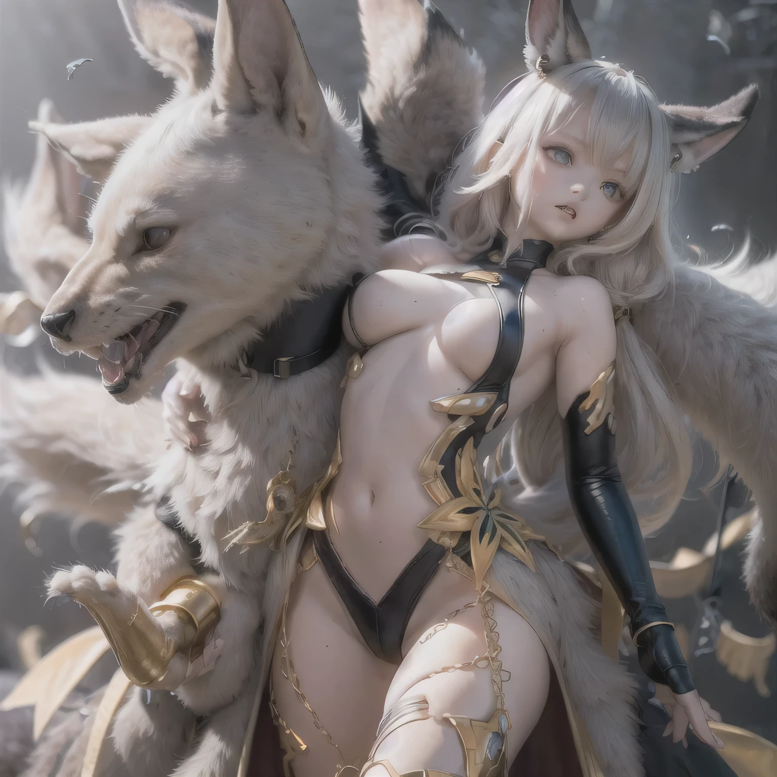 (best quality, highres, realistic:1.37),ultra-detailed, beautiful detailed eyes,beautiful detailed lips,extremely detailed eyes and face,longeyelashes,1girl,portrait,sharp focus,vivid colors,soft lighting,Fenrir girls,big breasts,fantasy elements,snowy landscape,ice magic,enchanted forest,flowing hair,ethereal beauty(((((full body)))))(((((fight)))))cute bikini armor wear a sword 15yo  cute sexy pose full body