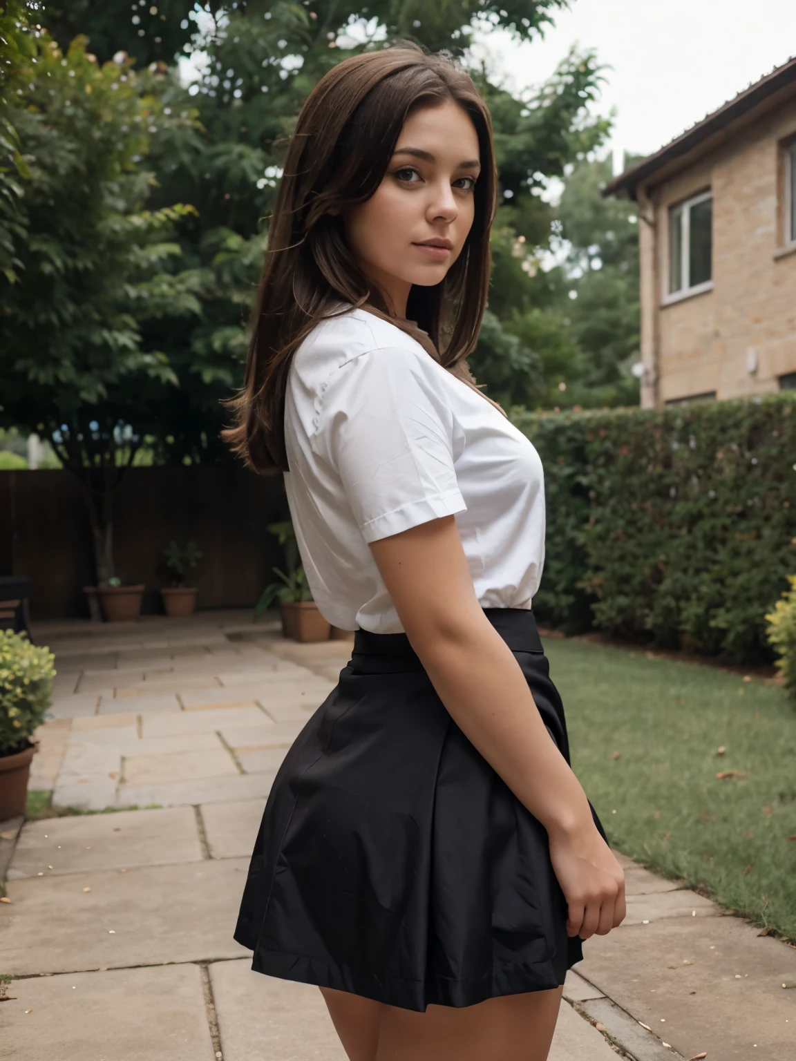 Thick brunette, skirt, outside
