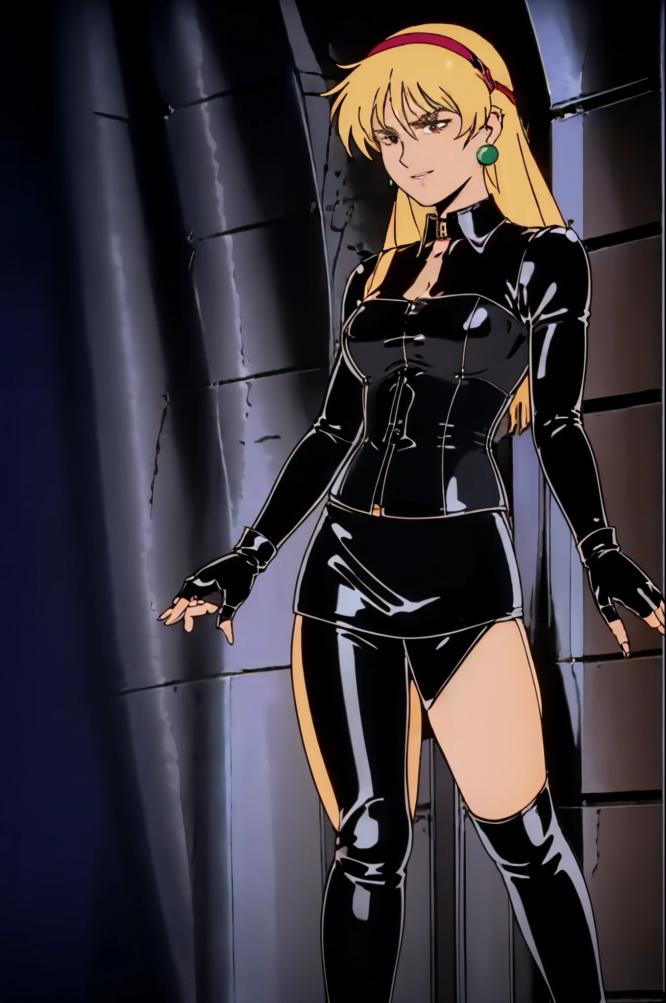 BDSM、Queen、mistress、One girl、solo、(((Long gloves covered to the fingertips in black latex:1.4 )))、(((Black latex corset dress:1.4)))、(((The corset dress is decorated with beautiful lace.)))、(((corset dress with shoulder straps)))、(((Black latex tight mini skirt:1.4)))、(((黒いサイハイboots)))、Stiletto heels、(((Black latex panties)))、(((Black latex bra)))、(((Black leather collar)))、(((Sexy pose)))、Wide-open legs、(((Erotic)))、(((Cowboy Shot)))、masterpiece,high quality,alone,
View your viewers,smile,
Categinaros,One girl,
Long Hair,Blonde,hair band,Earrings,Brown eyes,
Pilot Suit,Black turtleneck,
gloves,
belt,
boots,