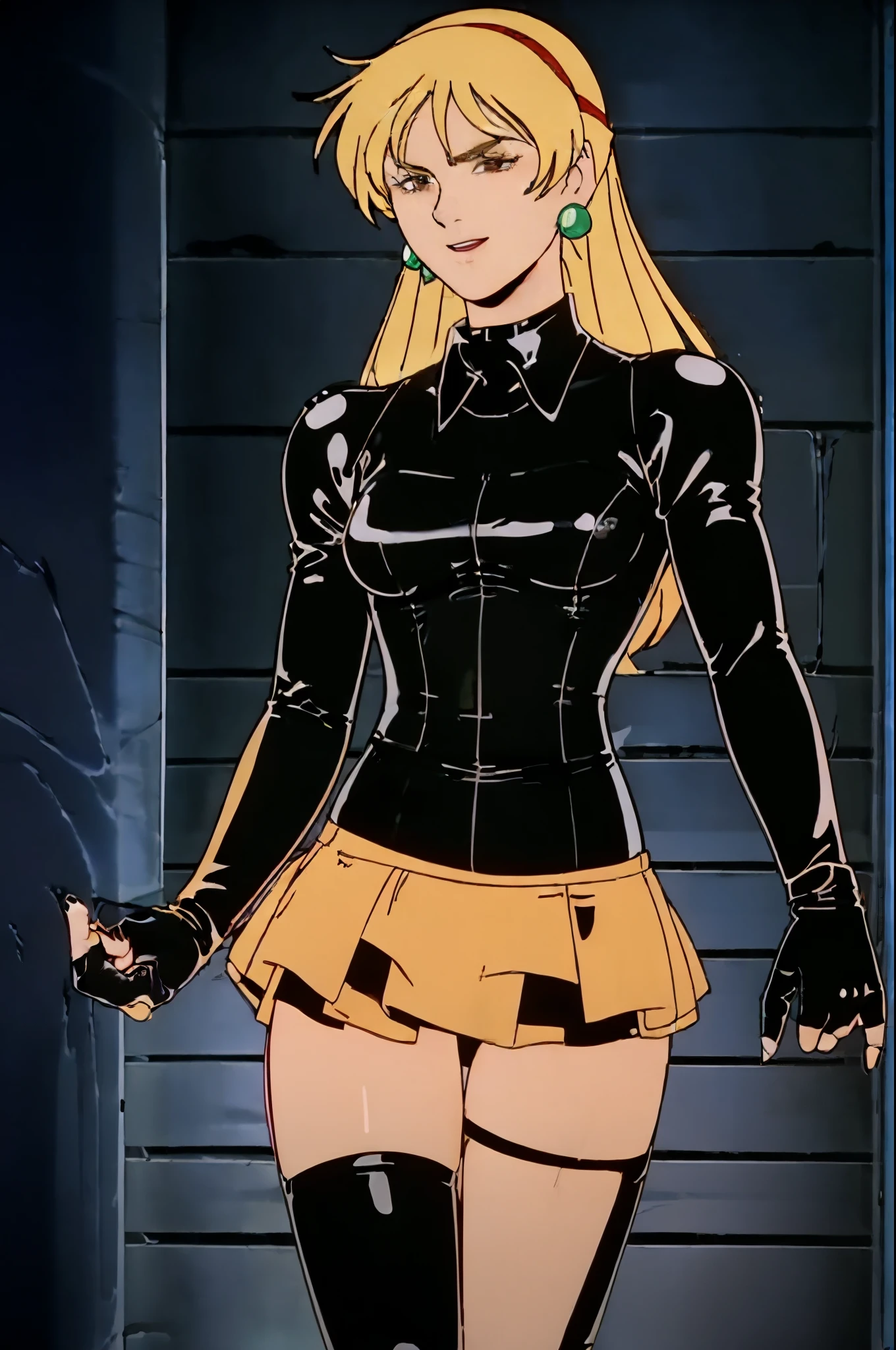 BDSM、Queen、mistress、One girl、solo、(((Long gloves covered to the fingertips in black latex:1.4 )))、(((Black latex corset dress:1.4)))、(((The corset dress is decorated with beautiful lace.)))、(((corset dress with shoulder straps)))、(((Black latex tight mini skirt:1.4)))、(((黒いサイハイboots)))、Stiletto heels、(((Black latex panties)))、(((Black latex bra)))、(((Black leather collar)))、(((Sexy pose)))、Wide-open legs、(((Erotic)))、(((Cowboy Shot)))、masterpiece,high quality,alone,
View your viewers,smile,
Categinaros,One girl,
Long Hair,Blonde,hair band,Earrings,Brown eyes,
Pilot Suit,Black turtleneck,
gloves,
belt,
boots,