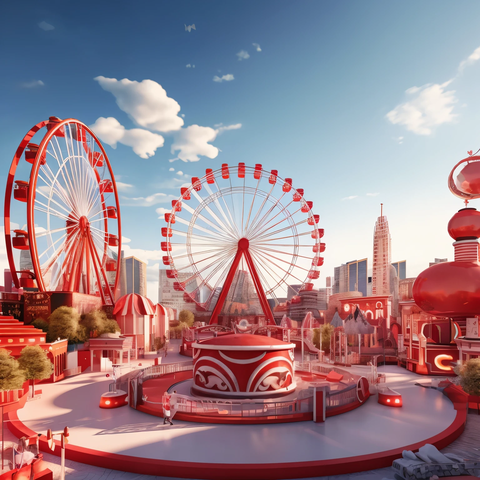 araffature of a ferris wheel and a carousel in a city, amusement park attractions, red realistic 3 d render, amusement park, amusement park interior design, an amusement park in old egypt, rendered in cinema 4 d, rendered in cinema4d, beautiful render of a fairytale, amusement park buildings, depicted as a 3 d render, rendered in cgi