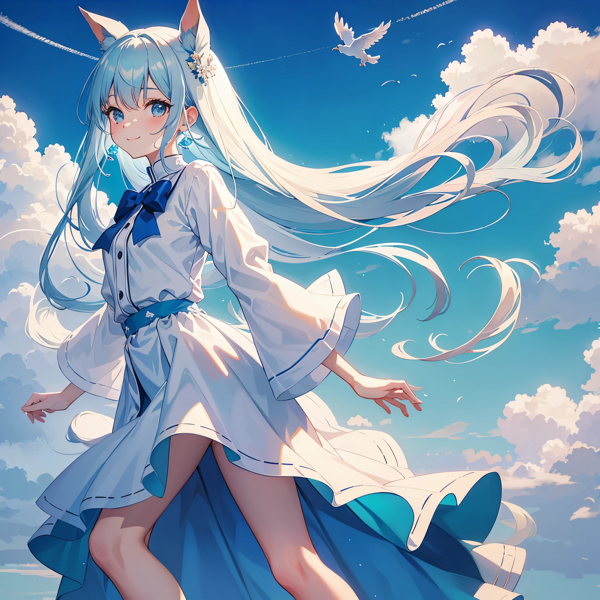 Alone anime girl , My hair is very long, tied hair in horsetail in left side, White-blue hair, Sky patterns clothes, Accesories, Cloud earrings, Short Skirt, Sky high background, High heel shoes with bows, Smile warmly, Soft, Magical