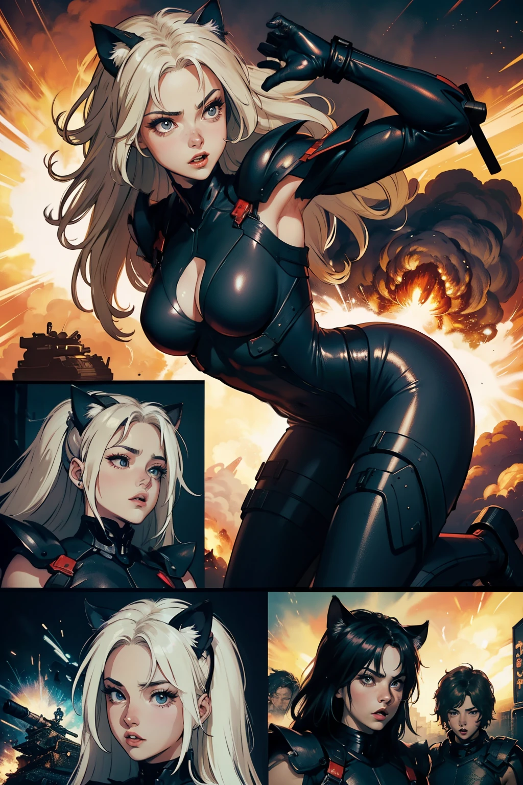 ((highest quality)), ((masterpiece)), (be familiar with), (High definition), 8K, Perfect Face、2Women、Two blonde women with cat ears、((Being caught in an explosion:1.3))、(They&#39;re both blown away:1.4)、tall、2 Blonde cat ears、2. Long Hair、2. Volumetric hair style、Large Breasts、Narrow waist、Big Ass、glamorous、Alluring、protector、Armor、combat suit、Combat Boots、Armament、Equipped with large firearms、Cinematic、Best Shadow、Side lighting、NEO TOKYO、riot、(Big Explosion)、tank、helicopter、(Close-up of face)