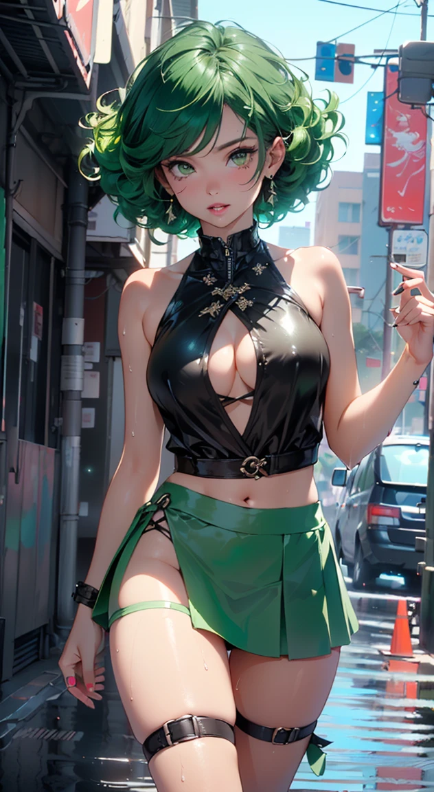 girl youtuber,(((1girl))),((extremely cute and beautiful green curly-haired girl)),
(short breasts:1.4),big butt,(((green curly hair:1.35,very curly hair,colored inner hair,ear breathing,short hair))),(((green_eyes:1.3))),intricate eyes,beautiful detailed eyes,symmetrical eyes,big eyes:1.3,((fat)),(((lustrous skin:1.5,bright skin: 1.5,skin tanned,shiny skin,very shiny skin,shiny body,plastic glitter skin,exaggerated shiny skin,illuminated skin,wet legs))),detailed body,(detailed face),
cute,slutty,seductive,erotic,(((nsfw))),
zettai ryouiki,revealing clothing,show skin,((rave mini-skirt,visible thong straps,white loose tank top with an anime art print)),((wet clothes,intricate outfit,intricate clothes)),
(dynamic pose:1.0),embarrassed,(centered,scale to fit dimensions,Rule of thirds),
cyberpunk city by the ocean at night, with bright neon signs and dark stormy clouds and puddles, scenery:1.25,
artistic photography,(photography taken by sldr),highres, sharp focus, (ultra detailed, extremely detailed), (photorealistic artwork:1.37),(extremely detailed CG unity 8k wallpaper),((synthwave background theme)),(((vibrant colors))),(intricate background),(masterpiece),(best quality),