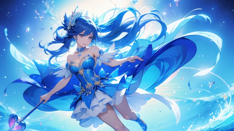 Anime girl in a blue dress holding a cane and flowers, Cute anime waifu in a nice dress, change in dress, Magical Girl Portrait, Anime Moe Art Style, change, Full-body portrait of an elementalist, Anime Goddess, Run, Splash art anime , Alchemist Girl, Anime Princess, magical girl style, Official Art,Cleavage,White knee-highs
